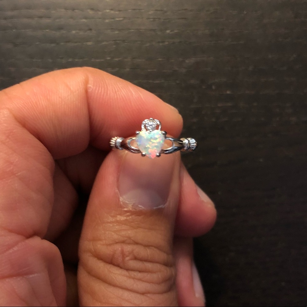 Sterling Silver 925 Claddagh Ring with Opal & CZ - Picture 3 of 6